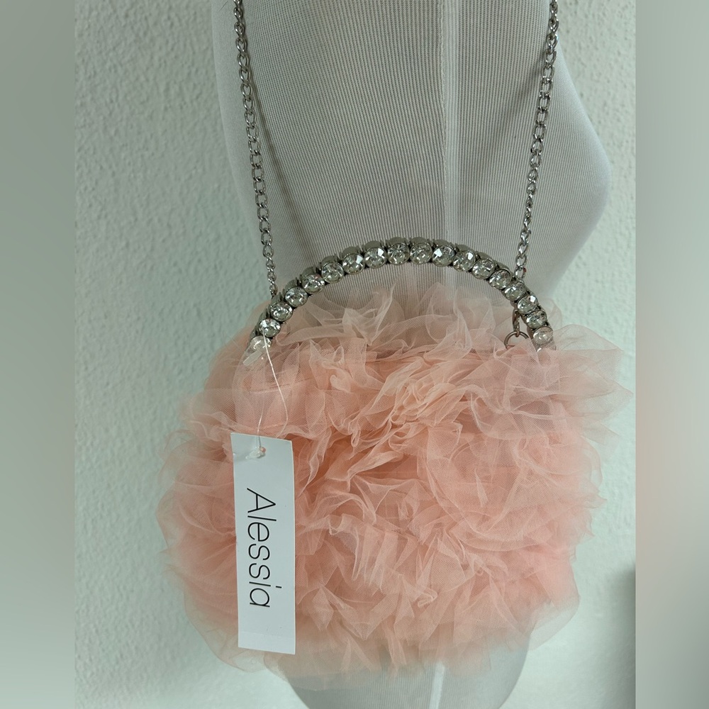 Aleesia Pink Ruffled Tulle Clutch with Crystal Handle NWT